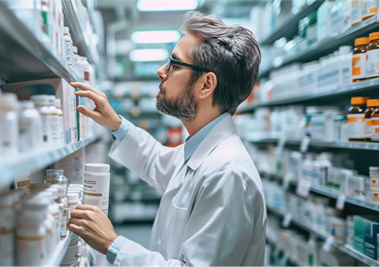 Se muestra un farmacéutico buscando un medicamento en particular que fue solicitado vía Farmasoluciones.