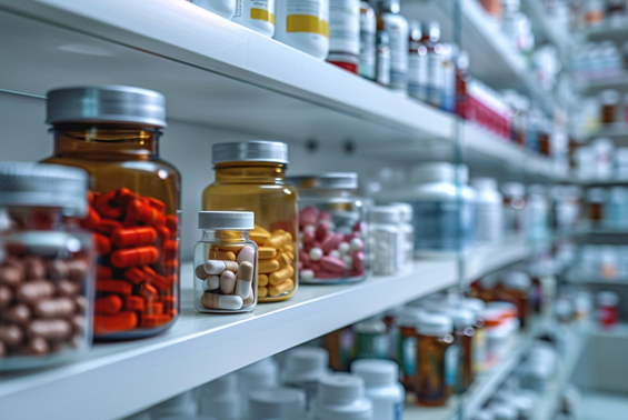 Se muestra estantería llena en variedad de medicamentos del inventario de Farmasoluciones farmacia a domicilio.